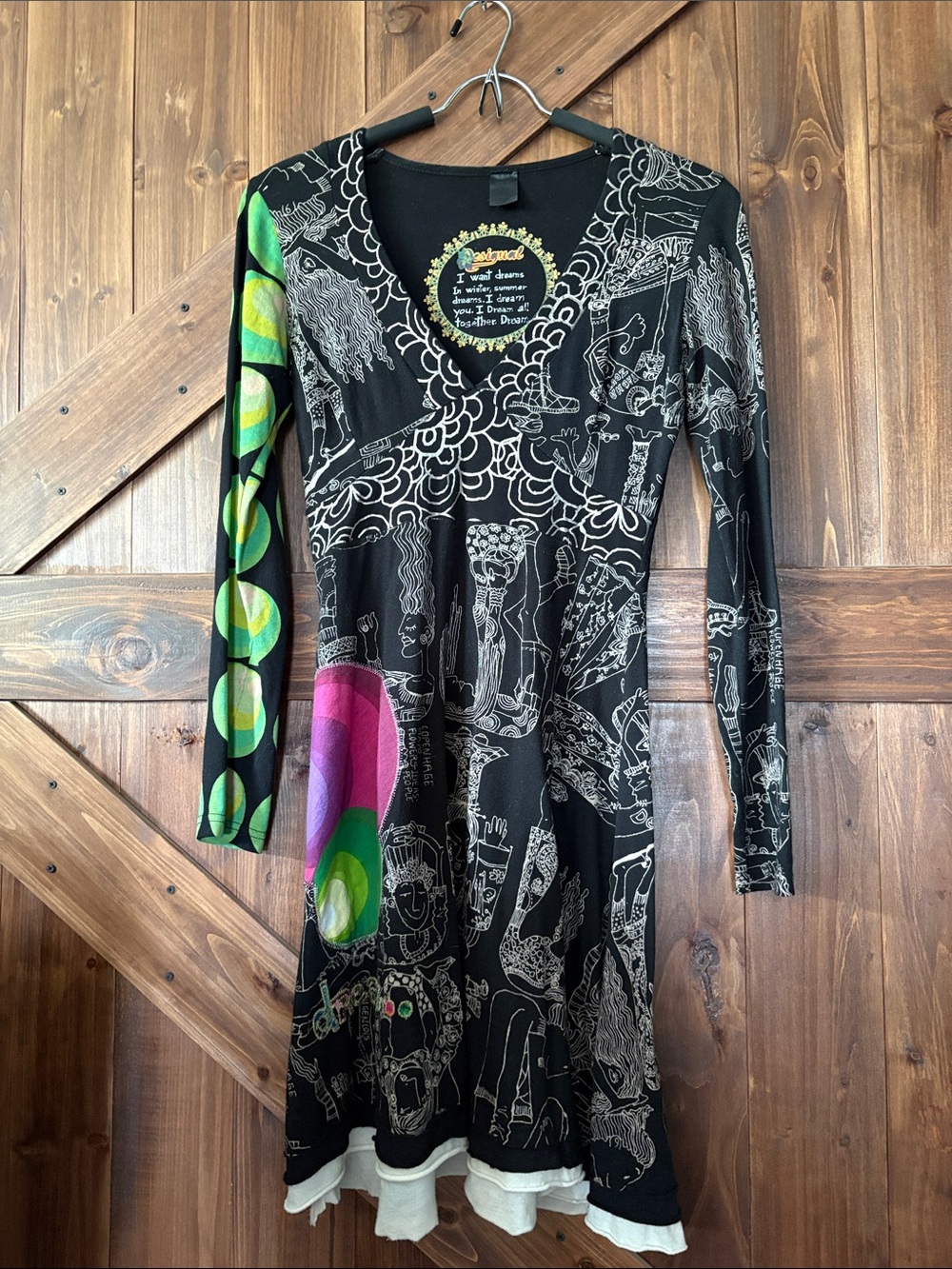 Desigual Black Long-Sleeve Graphic Dress with Green and Pink Accents